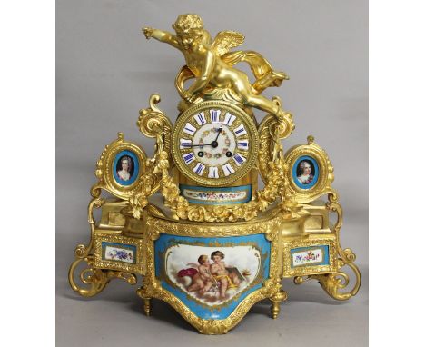 A VERY GOOD 19TH CENTURY FRENCH GILT ORMOLU AND SEVRES PANELLED CLOCK with eight-day movement, surmounted by a winged cupid, 