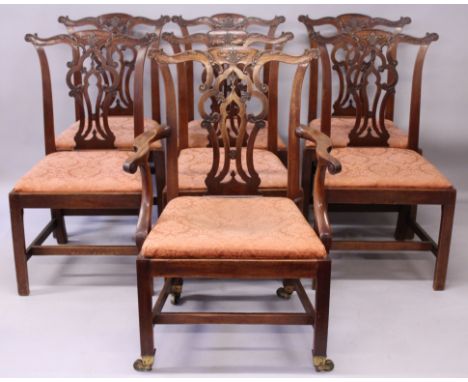 A GOOD SET OF SEVEN GEORGE III MAHOGANY DINING CHAIRS, in the manner of Thomas Chippendale, with well carved cresting rails, 