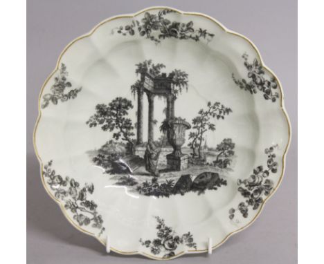 AN 18TH CENTURY WORCESTER SOUP PLATE printed after Hancock with classical ruins.