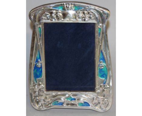 A SINGLE ART NOUVEAU STYLE SILVER AND ENAMEL PHOTOGRAPH FRAME. 8.5ins x 6.5ins.