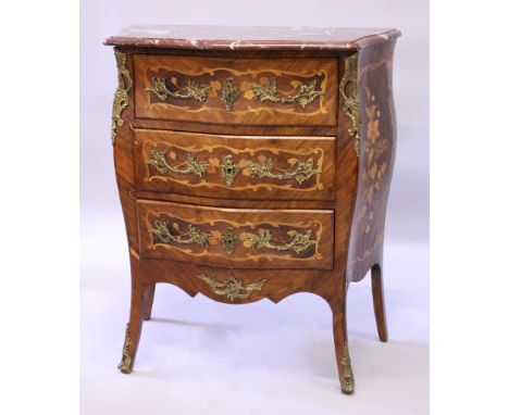 A GOOD SMALL LOUIS XVI STYLE, CIRCA. 1900, MARQUETRY BOMBE COMMODE, with grey marble top, three serpentine fronted drawers wi
