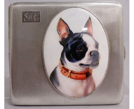 AN ENGINE TURNED CIGARETTE CASE with a French bulldog. Birmingham 1921.
