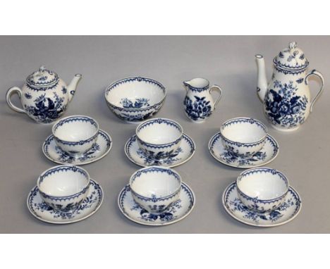 A WORCESTER BLUE AND WHITE TEA SET, comprising teapot, hot water jug, jug, six tea bowls and saucers and slop bowl (16).