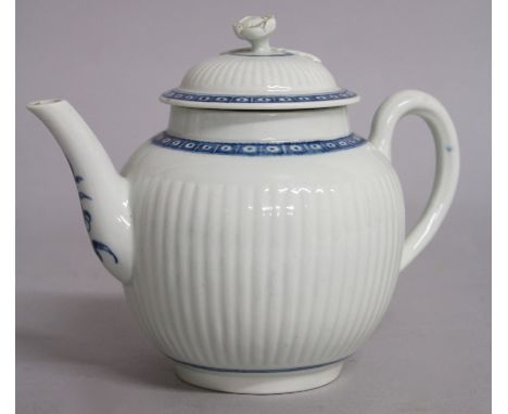 AN 18TH CENTURY WORCESTER TEAPOT AND COVER of finely ribbed form, painted with a cell border (chip to teapot flange).