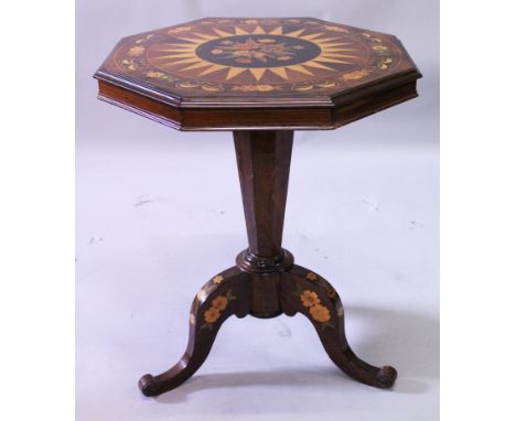 A GOOD 19TH CENTURY ROSEWOOD INLAID TILT TOP TRIPOD TABLE with octagonal top, star burst and floral inlay, on a fluted column