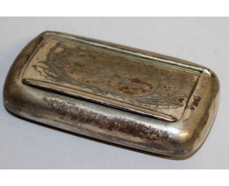 A CONTINENTAL SILVER ENGRAVED SNUFF BOX.  3.5ins long.