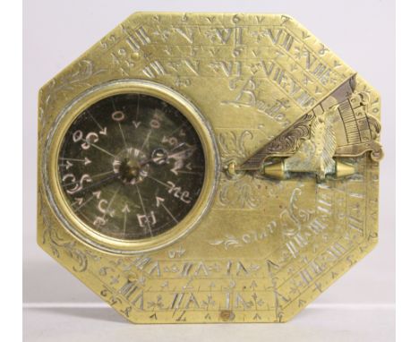 A RARE 17TH CENTURY BRASS POCKET SUNDIAL by MICHAEL BUTTERFIELD, LONDON, CIRCA. 1675-1724, with engraved front and back, and 