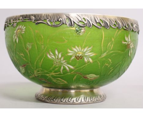A SUPERB GALLE SILVER MOUNTED CIRCULAR BOWL, CIRCA. 1900, amber glass with flowers in coloured enamel and relief.  Signed Gal