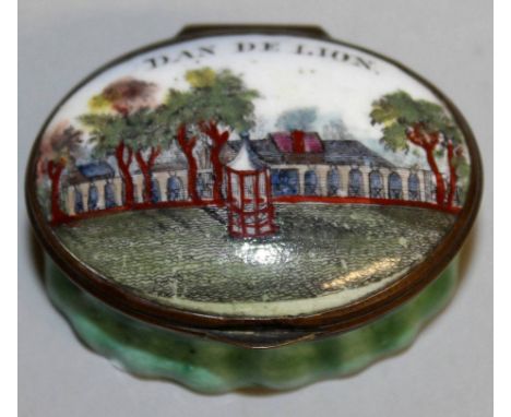 AN 18TH CENTURY OVAL ENAMEL PATCH BOX AND COVER, the lid painted with a view DAN DE LION. 1.75ins wide.