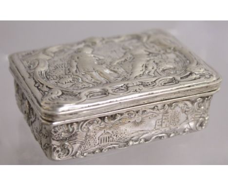 AN 18TH CENTURY CONTINENTAL SILVER RECTANGULAR SNUFF BOX with repousse decoration of classical figures.  2.5ins.
