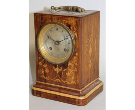 A 19TH CENTURY FRENCH ROSEWOOD INLAID CASED CLOCK with silvered dial and silk suspension. 8ins high.