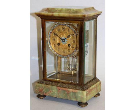 A GOOD 19TH CENTURY FRENCH GREEN ONYX AND CHAMPLEVE ENAMEL FOUR GLASS CLOCK, retailed by H. L. BROWN & SON LTD, LONDON and SH