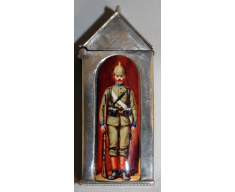 A SILVER AND ENAMEL CENTURY BOX VESTA with a portrait of a soldier.
