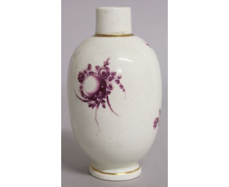 AN 18TH CENTURY WORCESTER TEA CANISTER, painted in puce with fruit (see Zorensky, page 195, plate 212 for a similar example o