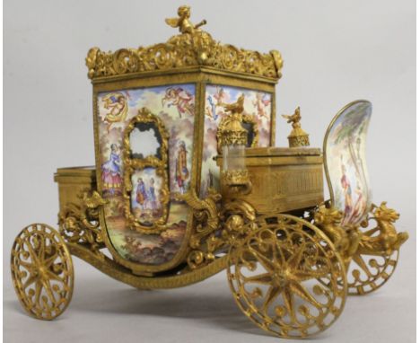 A SUPERB VIENNA ENAMEL AND GILT MIRROR CEREMONIAL COACH, painted with panels of noblemen and ladies, along with other figures