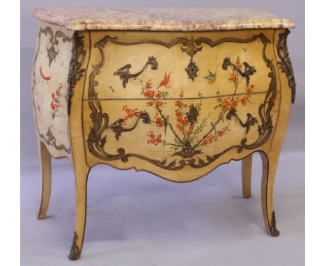 A GOOD SMALL LOUIS XVI STYLE, CIRCA. 1900, PAINTED BOMBE COMMODE, with marble top, fitted with two deep serpentine fronted dr