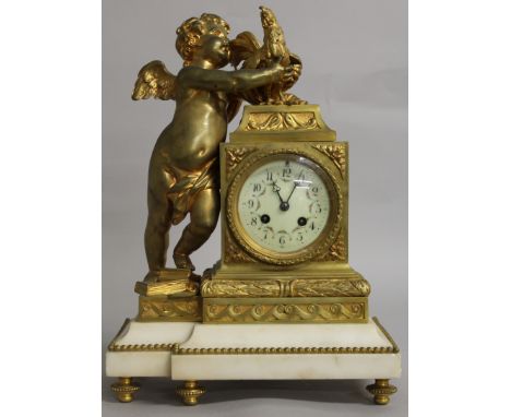 A GOOD LOUIS XVI GILT ORMOLU AND WHITE MARBLE CLOCK, with eight-day movement, circular dial painted with garlands, a cupid st