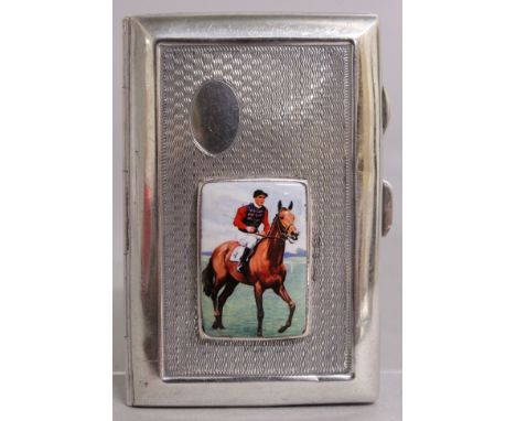 A SMALL ENGINE TURNED CIGARETTE CASE with a horse and jockey in The Queens colours. Birmingham 1926.