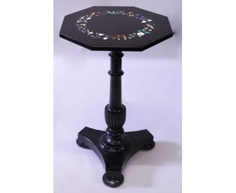 A SUPERB DERBYSHIRE PIETRA DURA AND SLATE PEDESTAL TABLE, the octagonal top inlaid with exotic hardstones depicting a wreath 