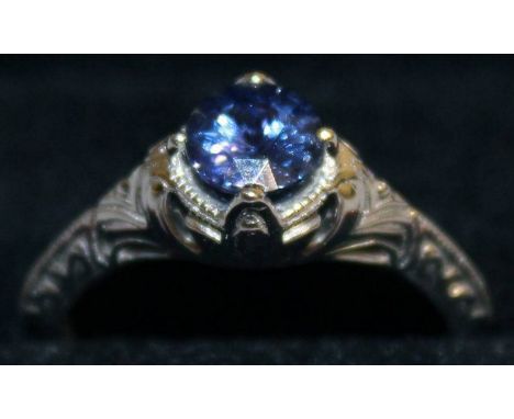 A GOOD SOLITAIRE SAPPHIRE RING of 1.1cts, set in 18ct white gold.