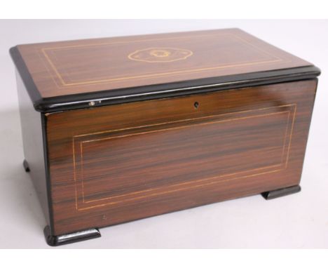 A VERY GOOD 19TH CENTURY SWISS MAHOGANY INLAID MUSICAL BOX, playing eight airs, with drum and three bells, in superb conditio