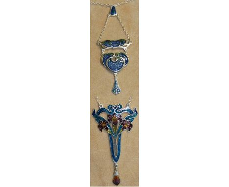 TWO ART NOUVEAU STYLE SILVER AND ENAMEL NECKLACES.