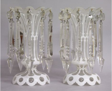A SUPERB PAIR OF VICTORIAN BOHEMIAN LUSTRES, with white enamel and cut prism drops. 11ins high.