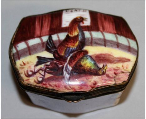 AN 18TH CENTURY SHAPED ENAMEL PATCH BOX AND COVER, the lid painted with a COCKFIGHTING SCENE, DEATH. 2ins.