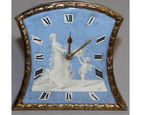 A LOVELY 1920'S SILVER GILT AND BLUE ENAMEL EASEL CLOCK, the dial painted with a young classical lady and cupid by Tine.  3.2