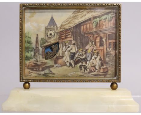A GOOD AUTOMATON SWISS CLOCK, "Idylle au Village", on an onyx base. 5ins long.