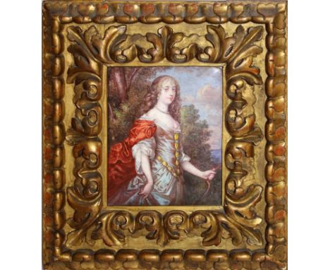 A SUPERB 18TH CENTURY FRENCH ENAMEL THREE QUARTER LENGTH PORTRAIT OF QUEEN HENRIETTA in a landscape carrying a bowl. 6.5ins x