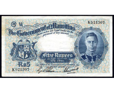 Mauritius P 22 The Government of Mauritius 5 Rupees (1937). Coat of arms of Mauritius at left portrait of King George VI at r