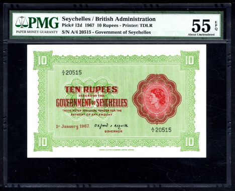 Seychelles P 12d Linzmayer B119d Government of Seychelles 10 Rupees 1 January 1967. Portrait of Queen Elizabeth II at right o