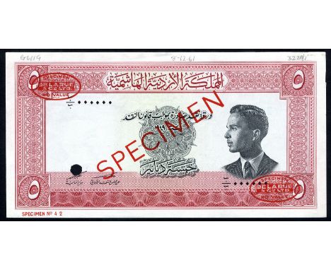 Jordan P 7bs Linzmayer B108bs2 (NL) The Hashemite Kingdom of Jordan 5 Dinars L.1949 SPECIMEN. Portrait of King Hussein at rig