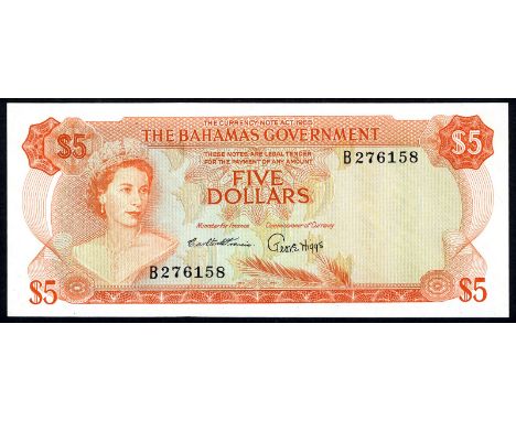 Bahamas P 21a Linzmayer B120a The Bahamas Government 5 Dollars L.1965. Portrait of Queen Elizabeth II at left on front. Signa