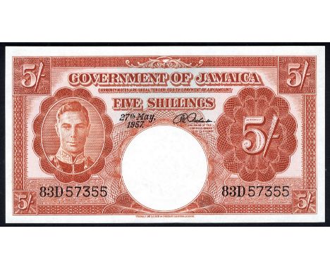 Jamaica P 37b Linzmayer B106k Government of Jamaica 5 Shillings 27 May 1957. Portrait of King George VI on front. Signature R