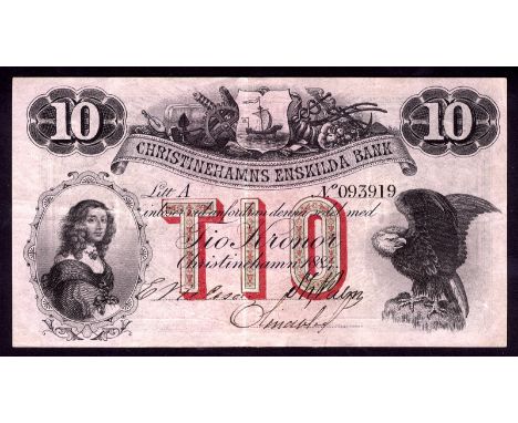 Sweden P S149 Christinehamns Enskilda Bank 10 Kronor 1884. Portrait of a woman at left coat of arms of Christinehamns at uppe