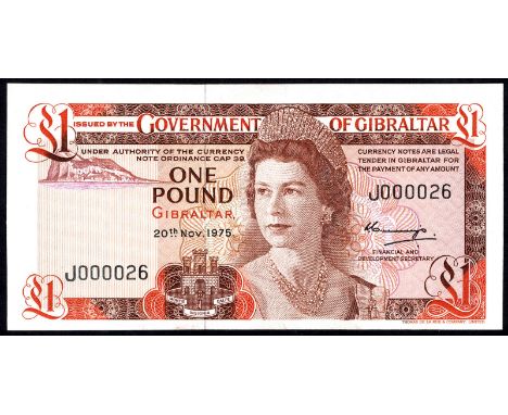 Gibraltar P 20a Linzmayer B118a Government of Gibraltar 1 Pound 20 November 1975 LOW SERIAL NUMBER. Rock of Gibraltar at uppe