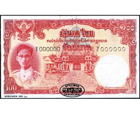 Thailand P 78as Government of Thailand 100 Baht -1955 SPECIMEN. Portrait of King at left tempel at center on front. Royal Thr