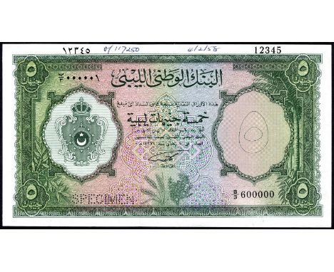 Libya P 21s Linzmayer B303as National Bank of Libya 5 Pounds L.1955 SPECIMEN. Coat of arms of Libya at left on front. Signatu
