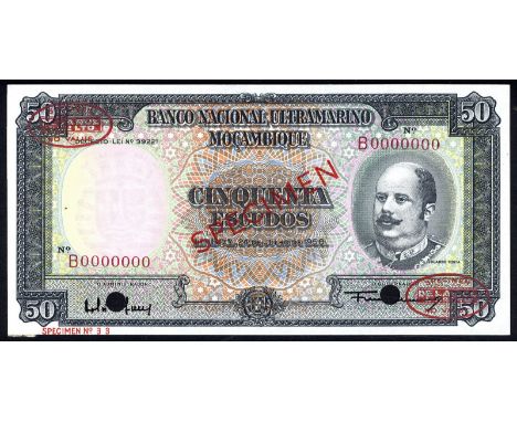 Mozambique P 106s Banco Nacional Ultramarino Moçambique 50 Escudos 24 July 1958 SPECIMEN. Coat of arms of Portugal at lower c