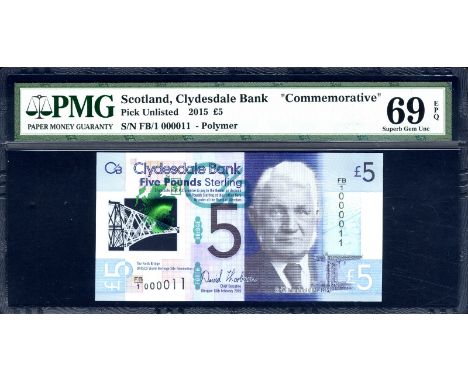 Scotland P New Clydesdale Bank 5 Pounds 13 February 2015 LOW SERIAL NUMBER 000011. Portrait of Sir William Arrol at right on 