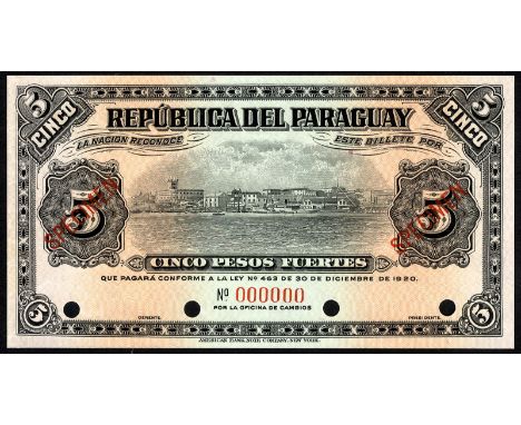 Paraguay P 143s Republica del Paraguay 5 Pesos L.1920 SPECIMEN. View of city of Asuncion from river at center on front. Coat 