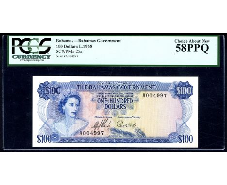 Bahamas P 25a Linzmayer B124a The Bahamas Government 100 Dollars L.1965. Portrait of Queen Elizabeth II at left on front. Sig