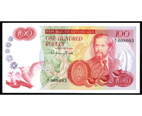 Seychelles P 22a Linzmayer B204a Republic of Seychelles 100 Rupees (1977). Two fairy tern birds at left portrait of President