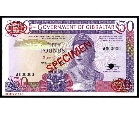 Gibraltar P 24s Linzmayer B122as Government of Gibraltar 50 Pounds 20 November 1986 SPECIMEN. Rock of Gibraltar at upper left