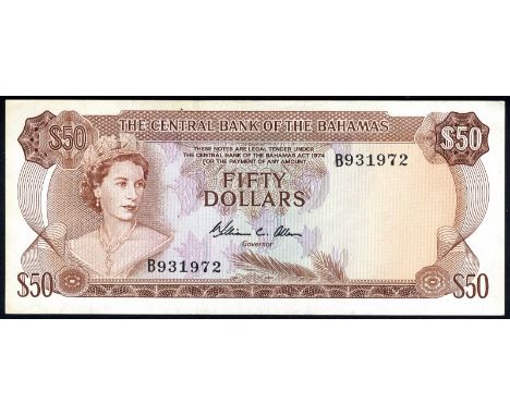 Bahamas P 40b Linzmayer B305b The Central Bank of the Bahamas 50 Dollars L.1974. Portrait of Queen Elizabeth II at left on fr