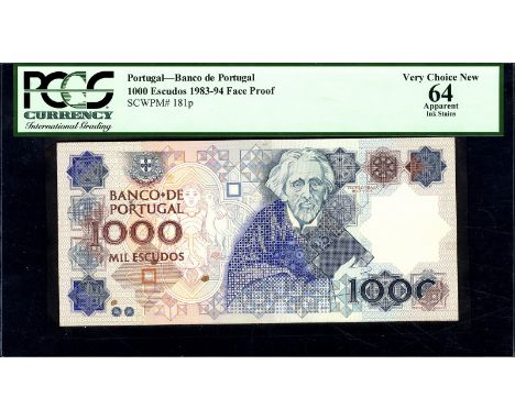 Portugal P 181p Banco de Portugal 1 000 Escudos (1983-94) FRONT PROOF. Portrait of Teofilo Braga at center right. PCGS 64 Ver