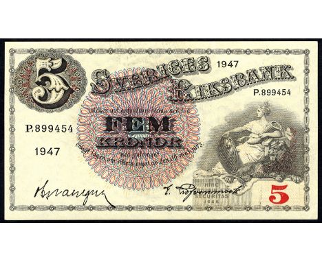 Sweden P 33ad 33ae 33af Sveriges Riksbank. Lot containing 5 Kronor 1947 1948 1949. Svea seated at right on front. Portrait of