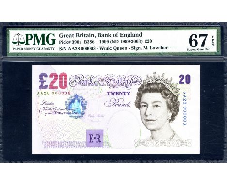 Great Britain P 390a Duggleby B386 Bank of England 20 Pounds (1999-2003) SERIAL NUMBER 000003. Portrait of Queen Elizabeth II